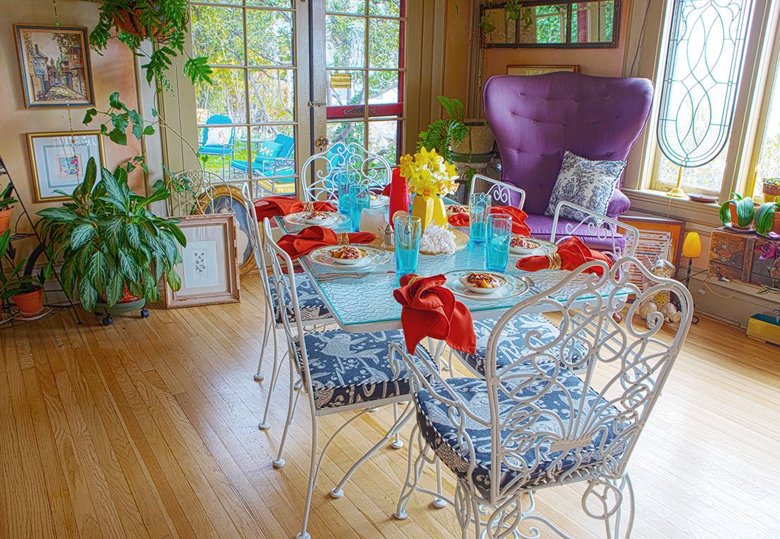 Colorful breakfast table with first course